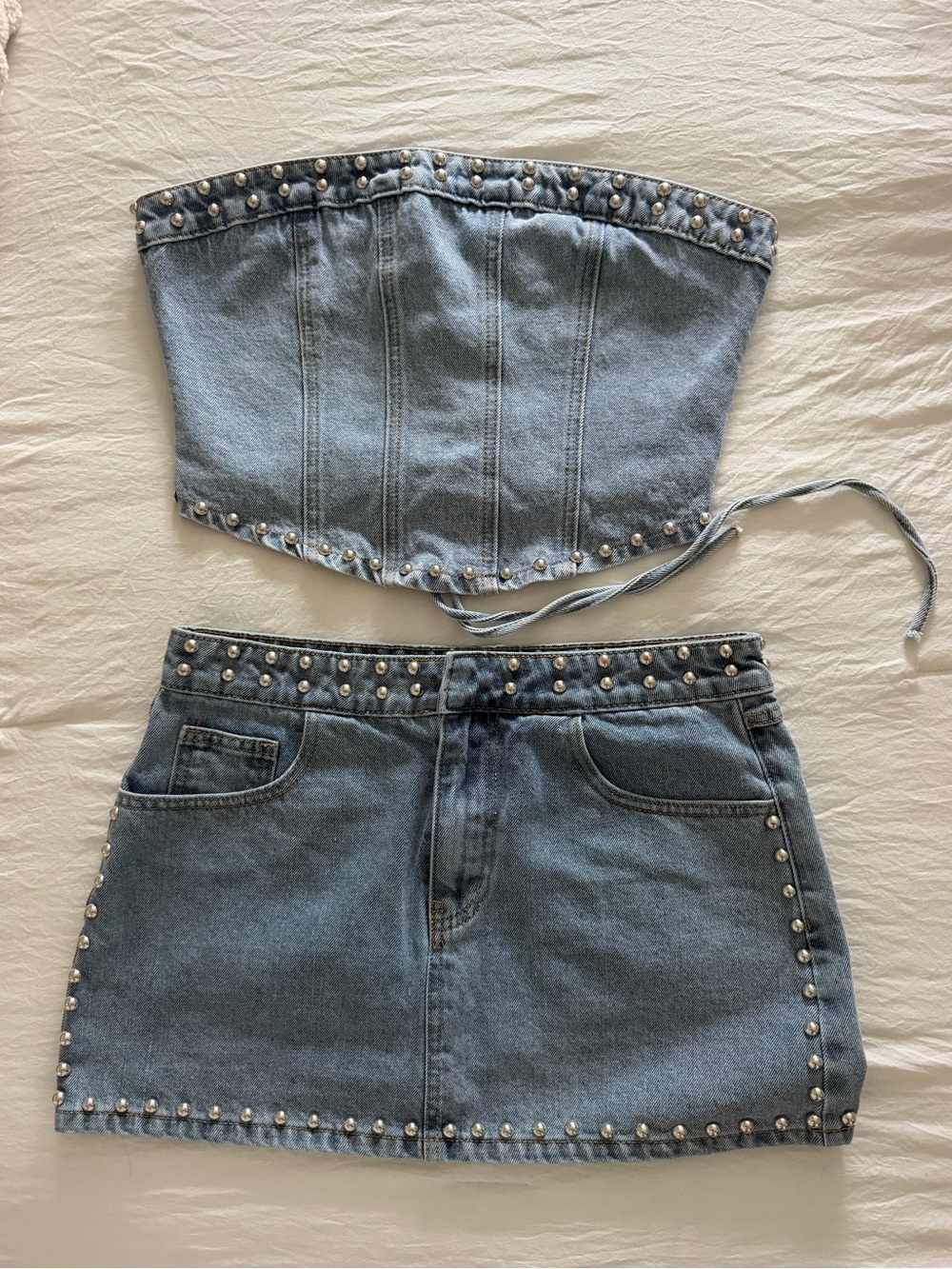 Missguided Denim Studded Skirt + Top Set